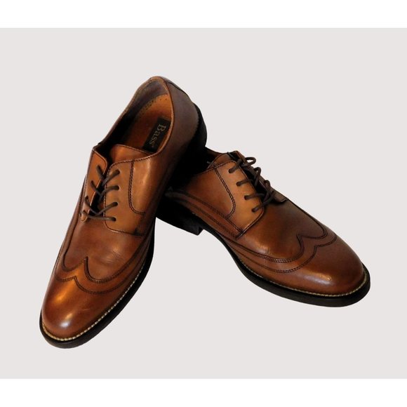 Bass Derby Style Round Full Wing Tip Toe Mens Size 10M Brown Leather Dress Shoes - Picture 1 of 13